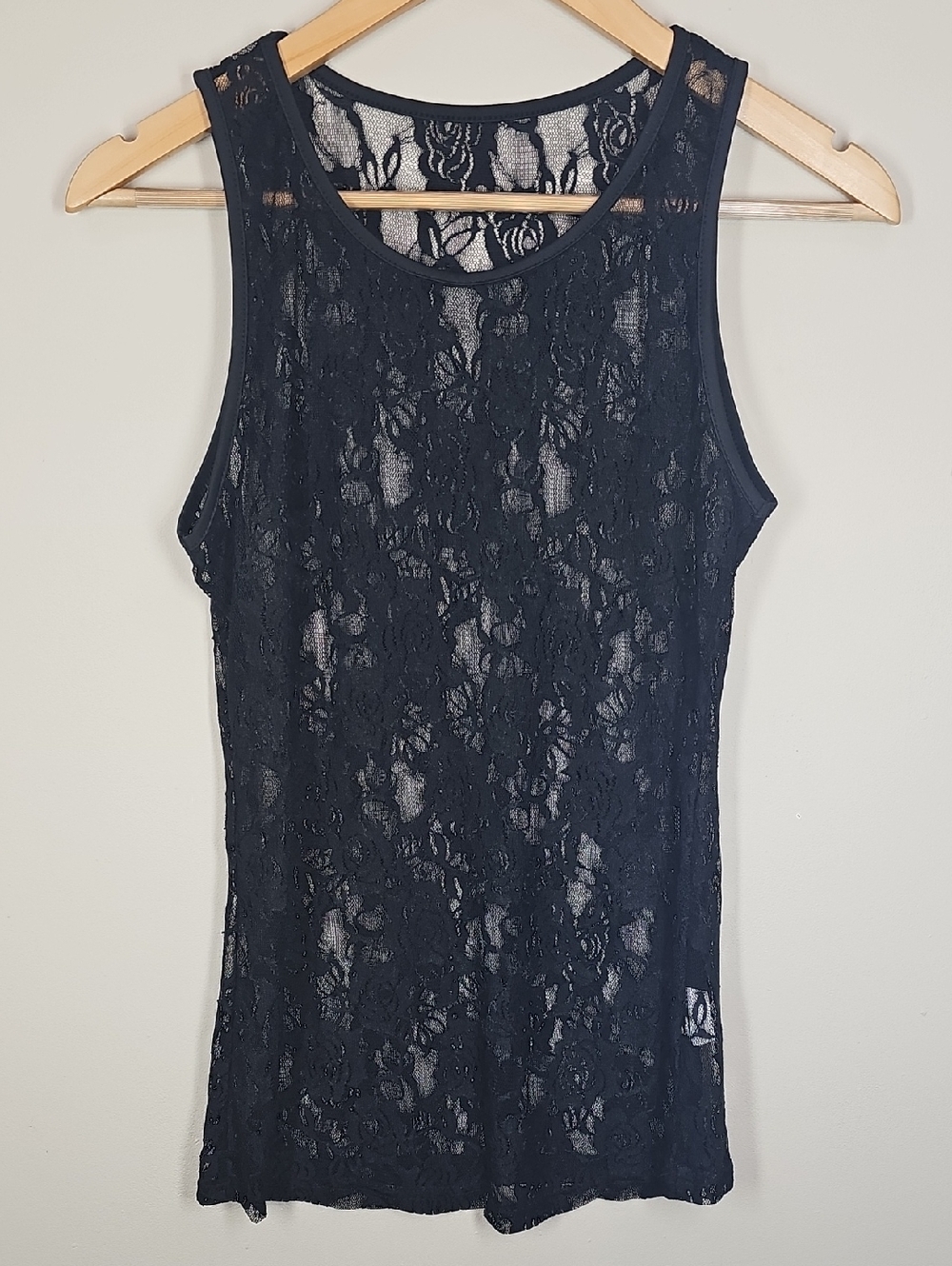 Black Sheer Stretch Floral Lace Tank Top L Dark Feminine Whimsigoth Grunge Goth